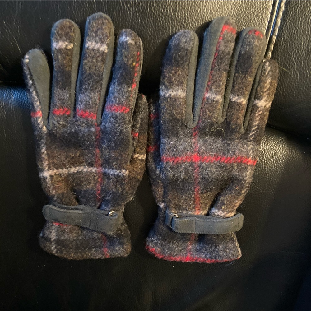 L.L.Bean Brown, Black, Red & White Plaid Wool Gloves with Sueded Deekskin